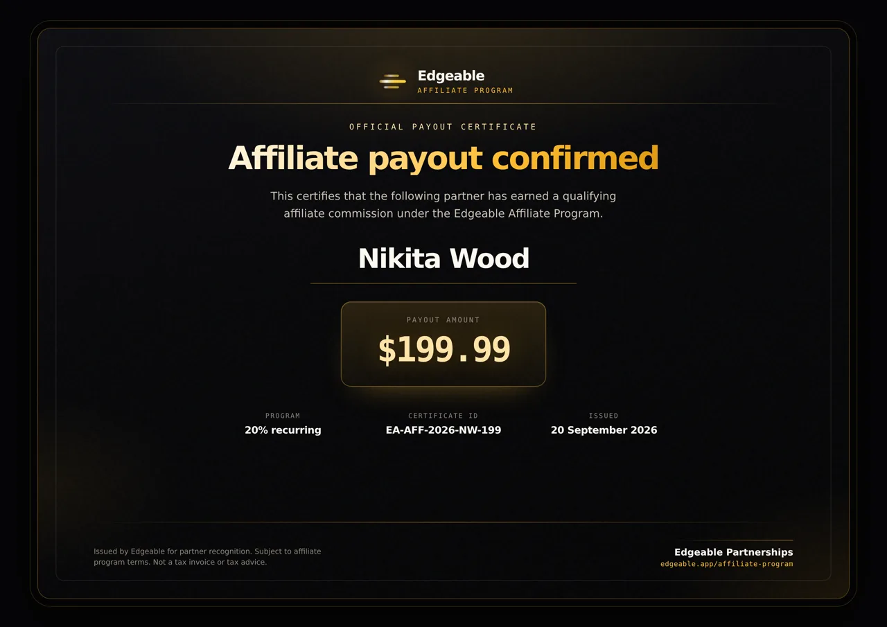 Nikita Wood affiliate payout certificate for $199.99