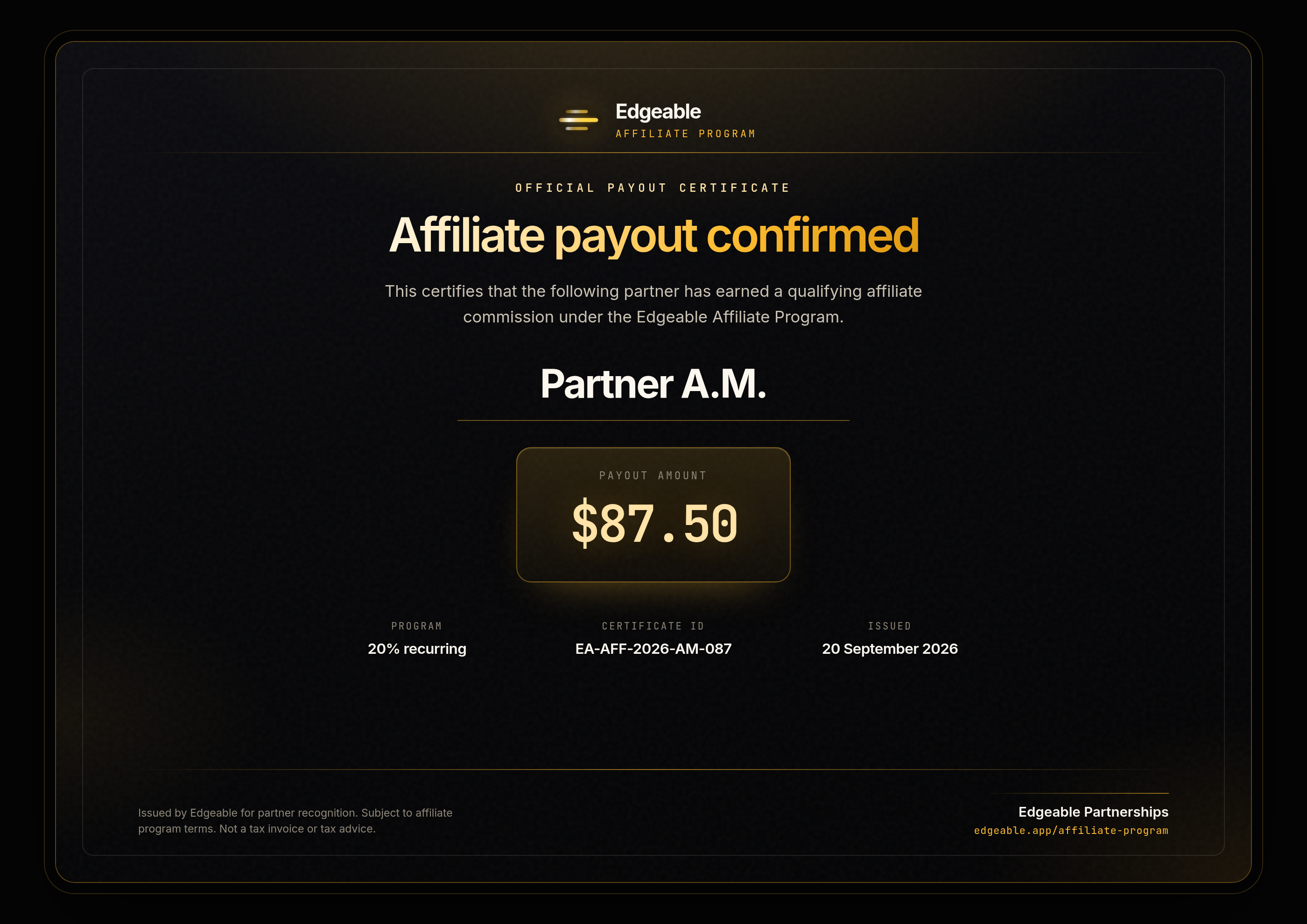 Partner A.M. affiliate payout certificate for $87.50