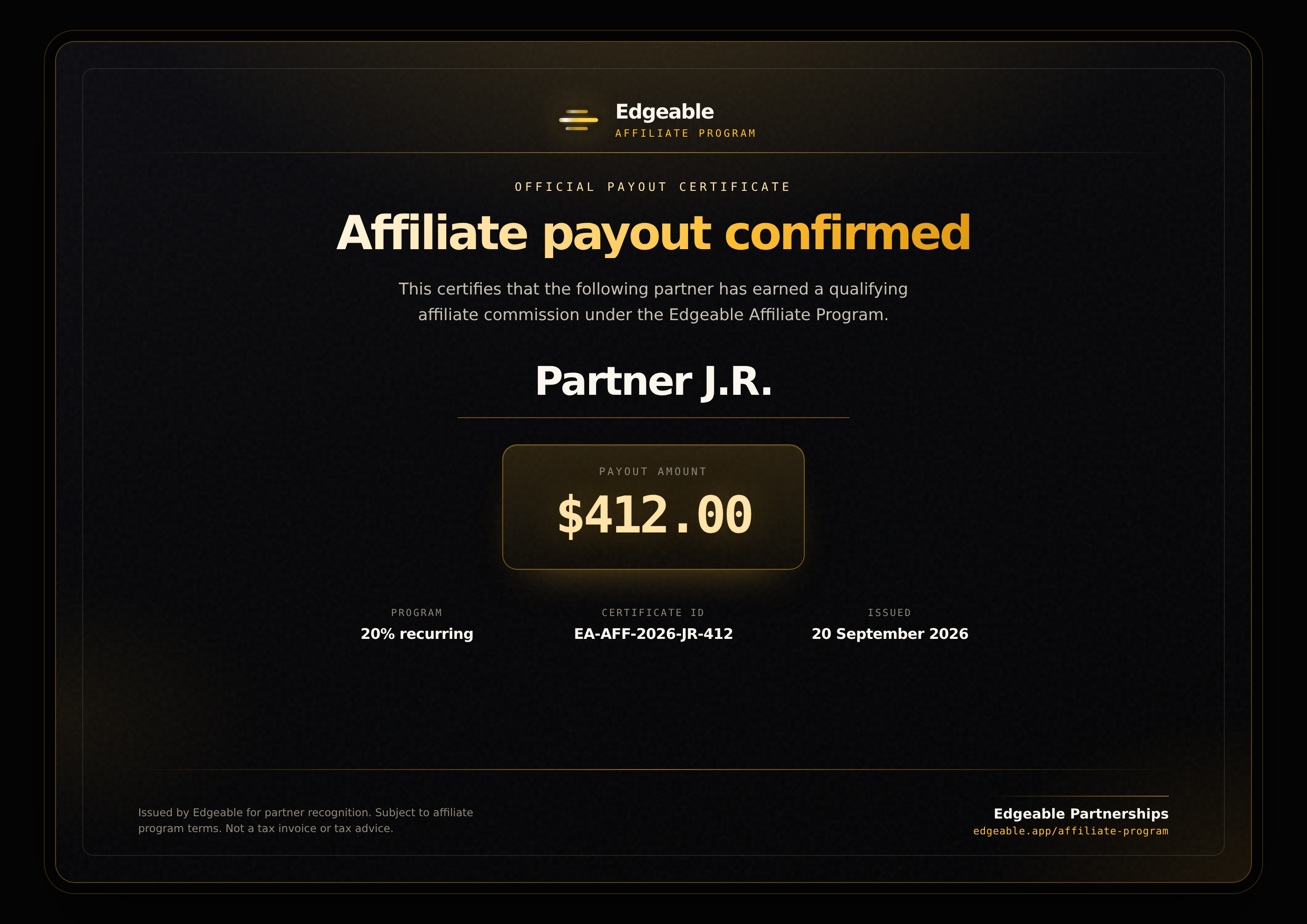 Partner J.R. affiliate payout certificate for $412.00